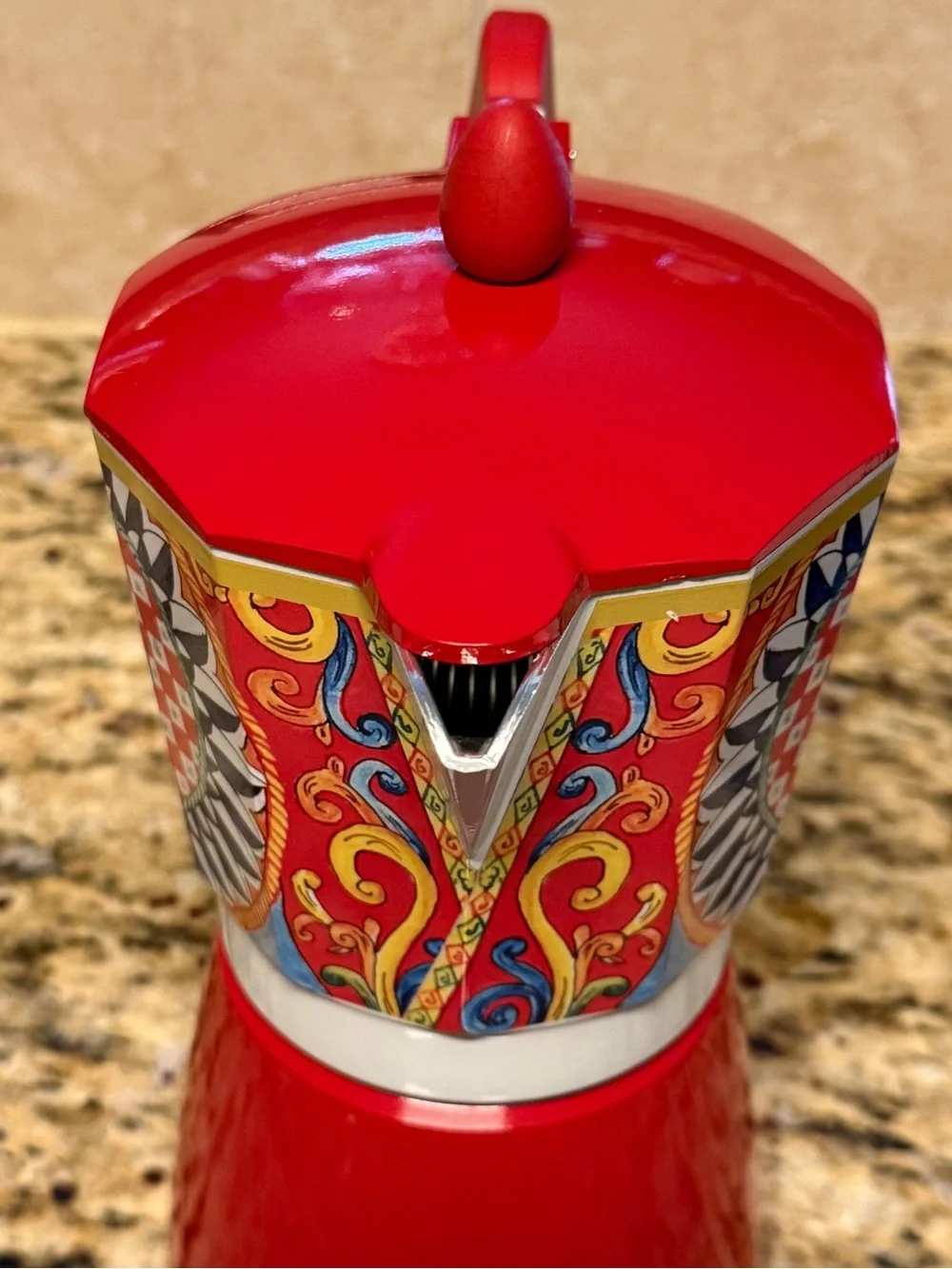 NEW Brandani 9 Cup Italian Coffee Maker Aluminum Moka Pot Sicilian Pattern Red
